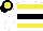 Silk - White, yellow hoops, black hoop, white sleeves, black cap, yellow disc cap