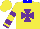 Silk - Bright yellow, purple maltese cross, hooped sleeves, blue collar, purple cuffs, purple and b