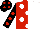 Silk - Red and white halves, white spots, black sleeve, red spots, black cap, red spots