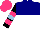 Silk - Navy, white halved horizontally, light blue band, black sleeves, neon pink hoops, neon pink cap