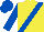 Silk - Yellow, royal blue diagonal stripe, 'bc' on back, royal blue sleeves, royal blue cap
