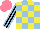 Silk - Lightblue, yellow checks, black sleeves with lightblue stripes, salmon cap