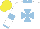 Silk - White, light blue maltese cross, white sleeves, light blue armlets, cuffs, collar, yellow cap