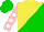 Silk - Yellow, green diagonal halves, pink slvs, white spots, green, pink quarters cap