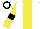 Silk - White, yellow stripe, sleeves white, yellow armlets, black armlets, cap yellow, black hoop
