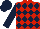 Silk - red, dark blue diamonds, dark blue sleeves and cap