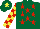 Silk - Dark green,red stars,yellow and red checked sleeves, dark green cap, yellow star
