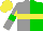 Silk - Grey, green halves, yellow hoop, sleeves, grey halves, green armlets, yellow,grey quarters cap