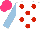 Silk - White,red spots,light blue sleeves, hot pink cap