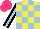 Silk - Yellow, light blue check, black sleeves, light blue stripe, hot pink cap