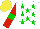 Silk - White, green stars, red sleeves, green armlets, yellow cap