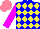 Silk - Blue, yellow diamonds , magenta sleeves, salmon cap