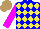 Silk - Blue, yellow diamonds , magenta sleeves, light brown cap