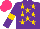 Silk - Purple,gold stars, purple sleeves, gold armlets, hot pink cap