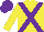 Silk - Yellow, purple crossed sashes, yellow sleeves, purple cap