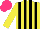 Silk - Yellow, black stripes, black sleeves ,yellow arm hoop, hot pink cap