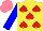 Silk - Yellow, red spades, blue sleeves, salmon cap