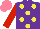 Silk - Purple, yellow spots, red sleeves, salmon cap