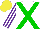 Silk - White, green crossed sashes, white, purple stripes sleeves, yellow cap