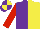 Silk - Purple and yellow halved vertically, red sleeves, purple and yellow quartered cap