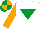 Silk - White, emerald green inverted triangle, orange sleeves, emerald green and orange quartered cap