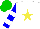 Silk - White, yellow star, blue sleeves, white hooped, green cap