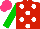 Silk - Red, white spots, green sleeves, hot pink cap