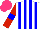 Silk - White, blue stripes, red sleeves , blue armlets, hot pink cap