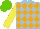 Silk - Light blue, orange diamonds, yellow sleeves, light green cap