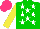 Silk - Green,green diagonal halves,white stars, yellow sleeves, hot pink cap