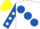 Silk - WHITE, large royal blue spots, royal blue sleeves, white spots, yellow cap