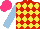 Silk - Red, yellow diamonds, light blue sleeves, hot pink cap