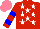 Silk - Red,white stars,sleeves,two blue hoops, salmon cap