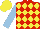 Silk - Red, yellow diamonds, light blue sleeves, yellow cap