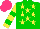 Silk - Green, yellow stars, yellow sleeves,two green hoops, hot pink cap