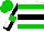 Silk - White, green hoops, black hoop, white sleeves, green armlets, black cuffs, green, black quarters cap