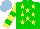 Silk - Green, yellow stars, yellow sleeves,two green hoops, light blue cap