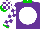 Silk - Purple, white disc, purple four leaf clover, white circle, white sleeves, purple checks, green cuffs, white cap, purple checks, green peak, collar