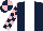 Silk - Dark blue, white stripe, dark blue and pink check sleeves, quartered cap