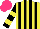 Silk - Yellow, black stripes, black sleeves ,two yellow hoops, hot pink cap
