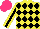 Silk - Yellow, black diamonds, yellow sleeves, black stripe, yellow collar, hot pink cap