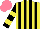 Silk - Yellow, black stripes, black sleeves ,two yellow hoops, salmon cap