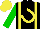 Silk - Black, yellow braces, yellow horseshoe, green sleeves, green cap, yellow circle cap