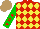 Silk - Red, yellow diamonds, green sleeves, red stars, light brown cap