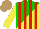 Silk - Green, yellow diagonal halves, red stripes, yellow sleeves, light brown cap