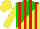 Silk - Green, yellow diagonal halves, red stripes, yellow sleeves, yellow cap