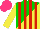 Silk - Green, yellow diagonal halves, red stripes, yellow sleeves, hot pink cap