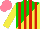 Silk - Green, yellow diagonal halves, red stripes, yellow sleeves, salmon cap