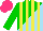 Silk - Green, sky blue diagonal halves, yellow stripes, yelloe sleeves, hot pink cap