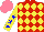 Silk - Red, yellow diamonds, sleeves, blue stars, salmon cap